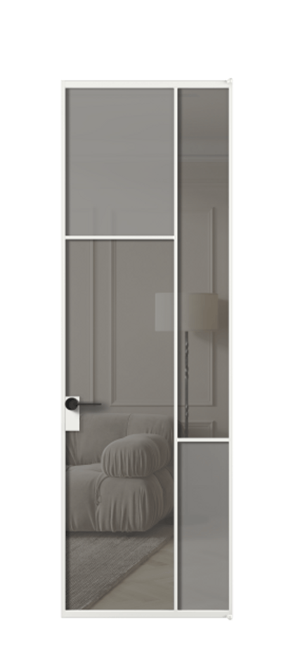 Межкомнатная дверь Mosaic АЛПЛ041.10 Алюминий белоснежный Сатинированное серое стекло, триплекс, 6 мм + Прозрачное серое стекло, триплекс Цена 173220 ₽ | Volhovec