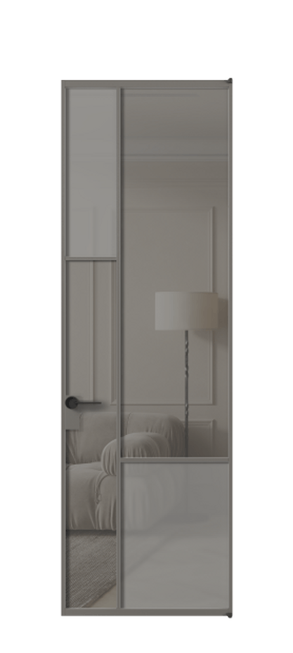 Межкомнатная дверь Mosaic АЛПЛ041.13 Алюминий классический серый Сатинированное серое стекло, триплекс, 6 мм + Прозрачное серое стекло, триплекс Цена 173220 ₽ | Volhovec