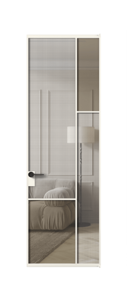 Межкомнатная дверь Mosaic АЛПЛ041.12 Алюминий пудровый белый Декоративное стекло с сеткой "Mesh silver", триплекс, 6 мм + Прозрачное бронзовое стекло, триплекс Цена 179520 ₽ | Volhovec