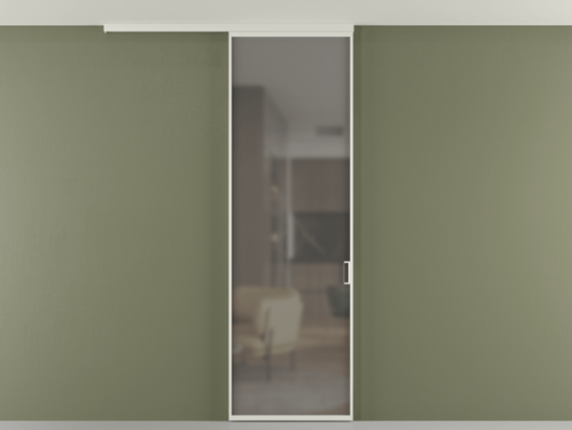 Перегородка Formato вдоль стены на потолок одностворчатая АЛПР 040.01 Алюминий Белый Сатинированное серое стекло, триплекс Цена 112490 ₽ | Volhovec