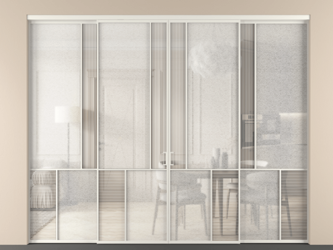 Перегородка Мозаик внутри проёма 4 створки АЛПР 041.20 Алюминий Белый Рифлёное стекло "Дюна", триплекс, 6 мм + Фактурное стекло "Лёд", триплекс. Скрытый короб БЕЛ Цена 497660 ₽ . Фабрика дверей Волховец 8 (800) 551 43 19 Перегородка Мозаик внутри проёма 4 створки АЛПР 041.20 Алюминий Белый Рифлёное стекло "Дюна", триплекс, 6 мм + Фактурное стекло "Лёд", триплекс Цена 497660 ₽ | Volhovec