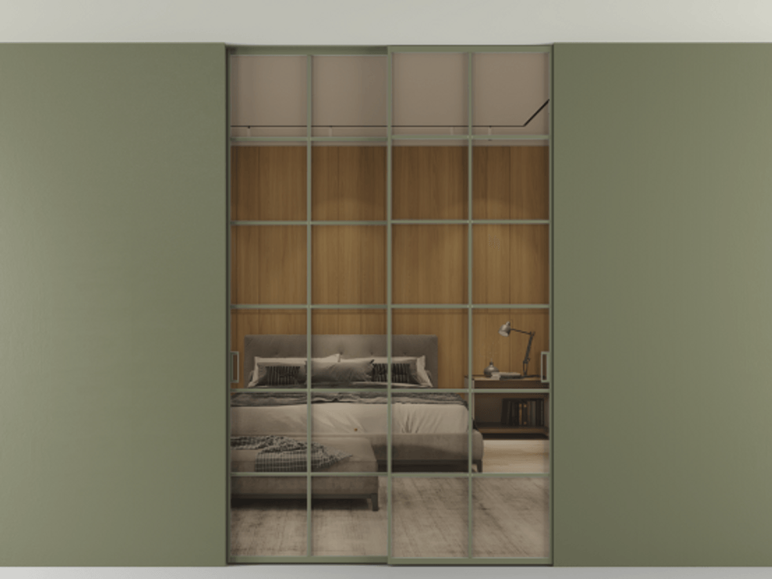 Перегородка Formato внутри проёма двустворчатая со скрытым креплением в потолок АЛПР 040.05 Алюминий оливковый тёмный Рефлективное бронзовое стекло "Stopsol", калёное Цена 338810 ₽ | Volhovec