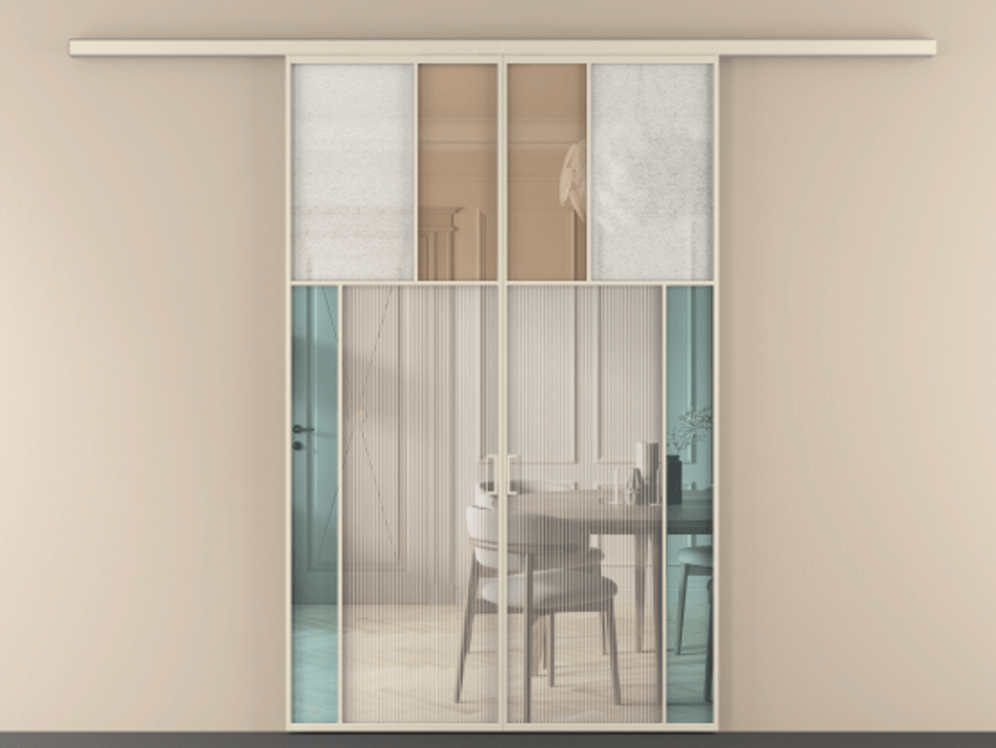 Перегородка Mosaic вдоль стены двустворчатая АЛПР 041.23 Алюминий бежево-серый Комбинация стекол Группы 1 и Группы 3 Цена 290700 ₽ | Volhovec