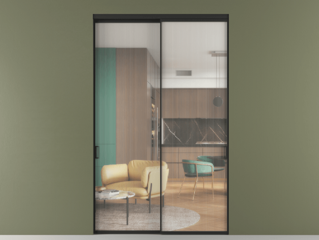 Перегородка Formato внутри проёма двустворчатая АЛПР 040.01 Алюминий Черный Рифлёное стекло "Moru", триплекс Цена 468090 ₽  | Volhovec