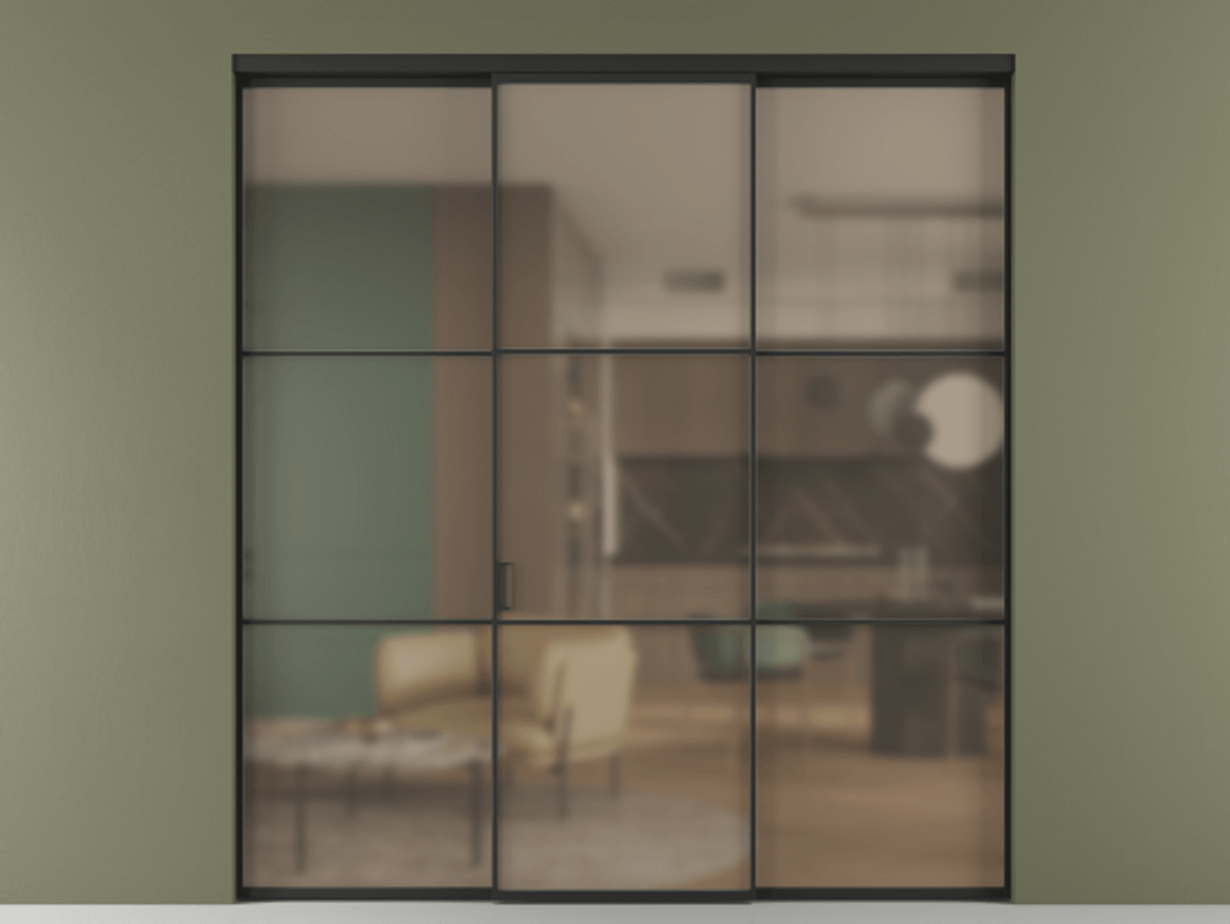 Перегородка Formato внутри проёма трёхстворчатая АЛПР 040.03 Алюминий Черный Сатинированное бронзовое стекло, триплекс Цена 295680 ₽ | Volhovec