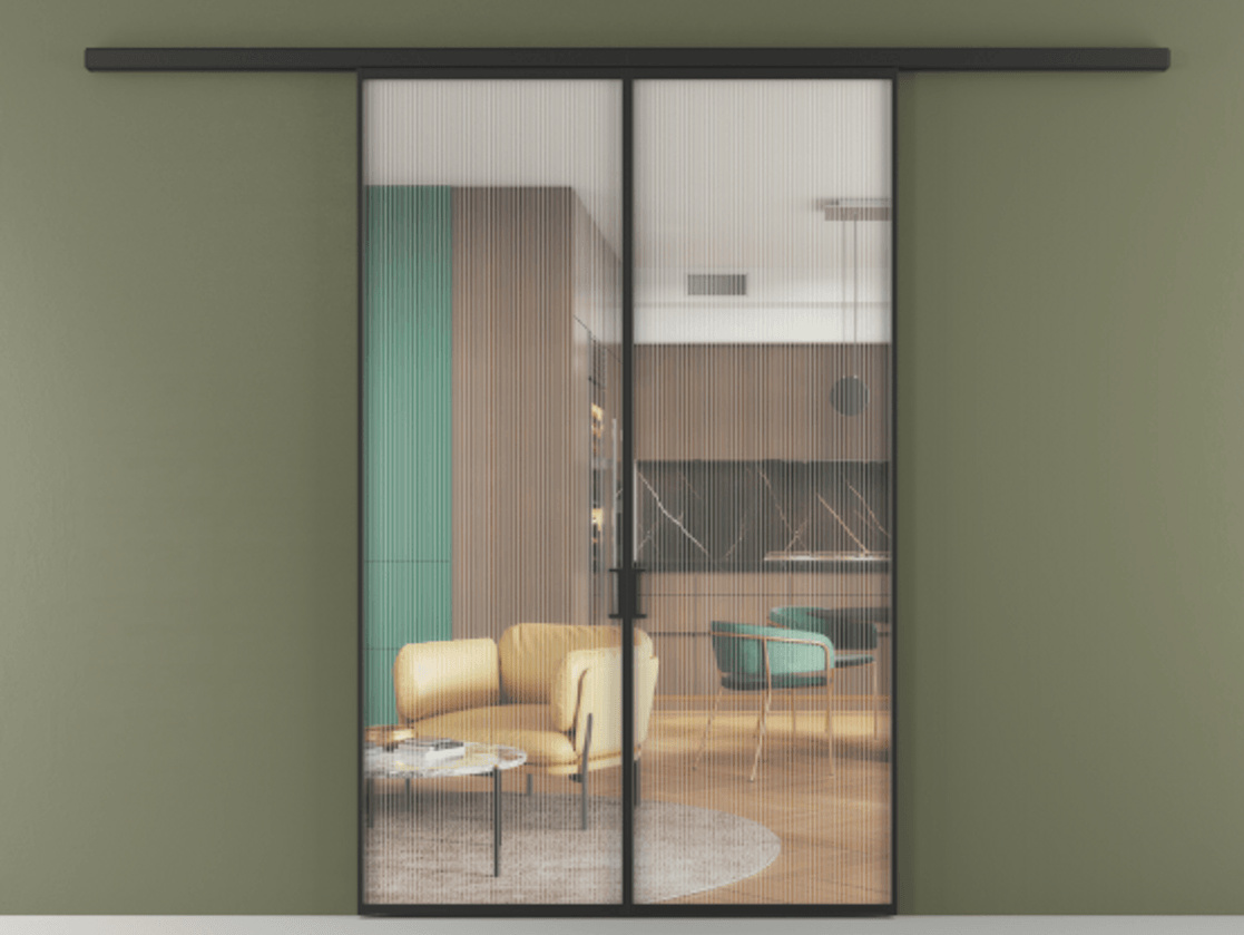 Перегородка Formato вдоль стены 2 створки АЛПР 040.01 Алюминий Черный Рифлёное стекло "Moru", триплекс Цена 240770 ₽ | Volhovec