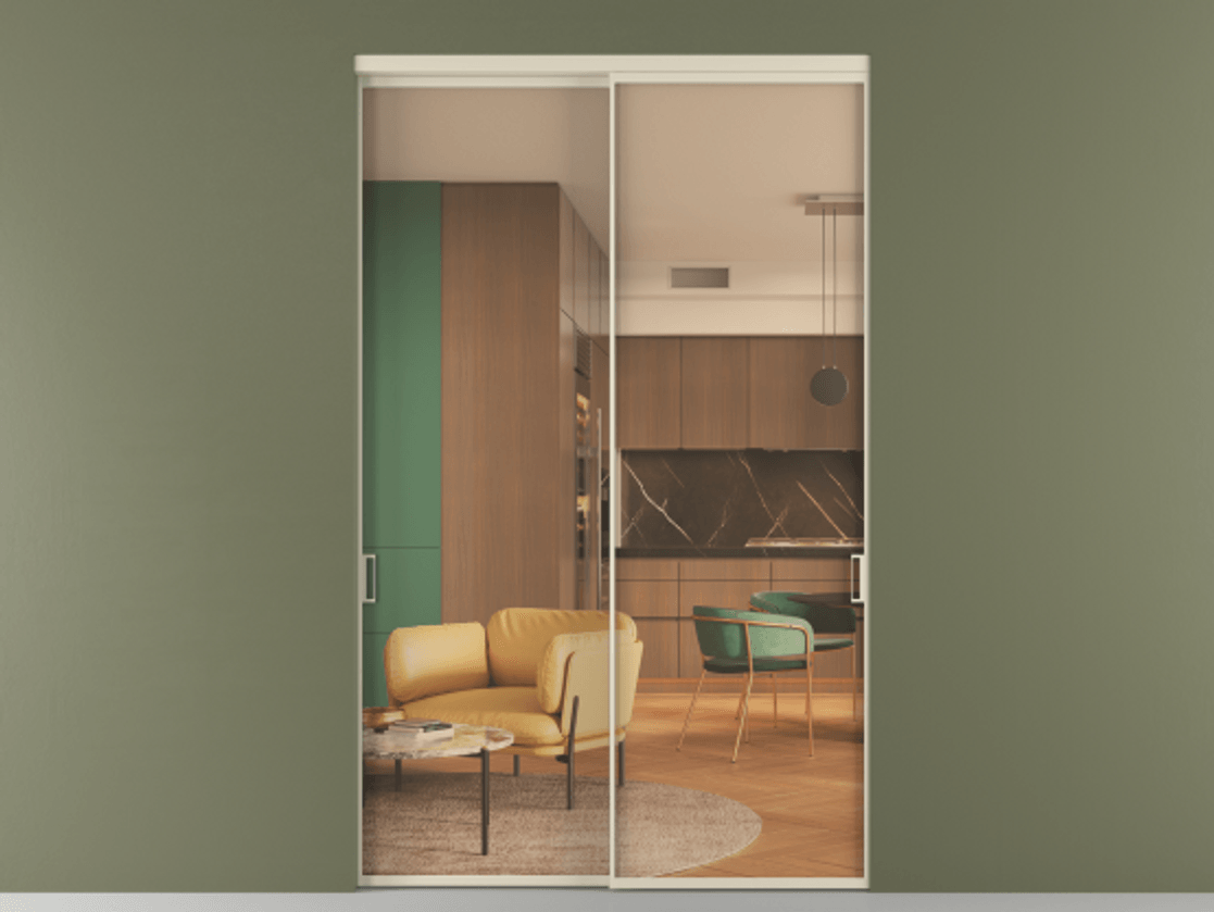 Перегородка Формато внутри проёма 2 створки АЛПР 040.01 Алюминий бежево-серый Прозрачное оранжевое стекло, триплекс Цена 437480 ₽  | Volhovec