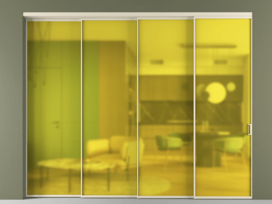 Перегородка Формато внутри проёма 4 створки с синхронным механизмом АЛПР 040.01 Алюминий бежево-серый Сатинированное жёлтое стекло, триплекс Цена 454130 ₽ | Volhovec