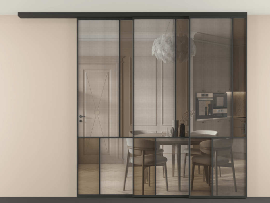 Перегородка Mosaic вдоль стены телескопик синхро 3 АЛПР 041.21 Алюминий Черный Декоративное стекло с сеткой "Mesh silver", триплекс, 6 мм + Прозрачное бронзовое стекло, триплекс Цена 508910 ₽ | Volhovec