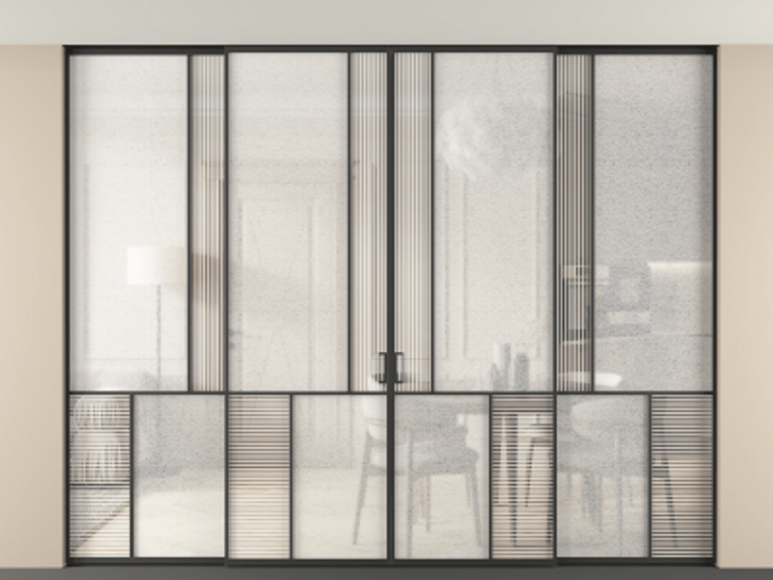 Перегородка Mosaic внутри проёма четырёхстворчатая со скрытым креплением в потолок АЛПР 041.20 Алюминий Черный Рифлёное стекло "Дюна", триплекс, 6 мм + Фактурное стекло "Лёд", триплекс Цена 636450 ₽ | Volhovec