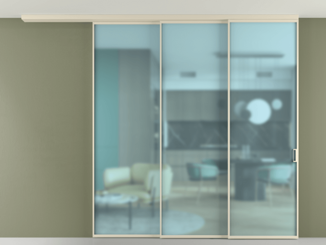 Перегородка Formato вдоль стены на потолок телескопик синхро 3 АЛПР 040.01 Алюминий бежево-серый Сатинированное голубое стекло, триплекс Цена 449520 ₽ | Volhovec