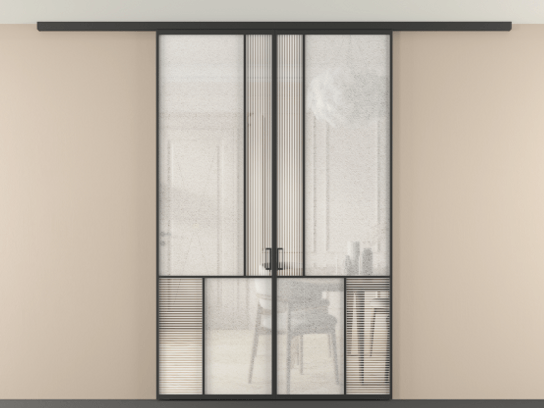 Перегородка Mosaic вдоль стены на потолок двустворчатая АЛПР 041.20 Алюминий Черный Рифлёное стекло "Дюна", триплекс, 6 мм + Фактурное стекло "Лёд", триплекс Цена 281740 ₽ | Volhovec