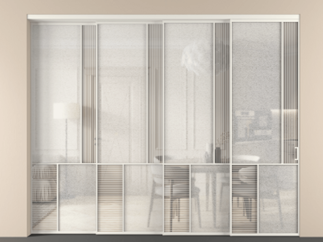 Перегородка Мозаик внутри проёма 4 створки с синхронным механизмом АЛПР 041.21 Алюминий Белый Рифлёное стекло "Дюна", триплекс, 6 мм + Фактурное стекло "Лёд", триплекс. Скрытый короб БЕЛ Цена 621660 ₽ . Фабрика дверей Волховец 8 (800) 551 43 19 Перегородка Мозаик внутри проёма 4 створки с синхронным механизмом АЛПР 041.21 Алюминий Белый Рифлёное стекло "Дюна", триплекс, 6 мм + Фактурное стекло "Лёд", триплекс Цена 621660 ₽ | Volhovec