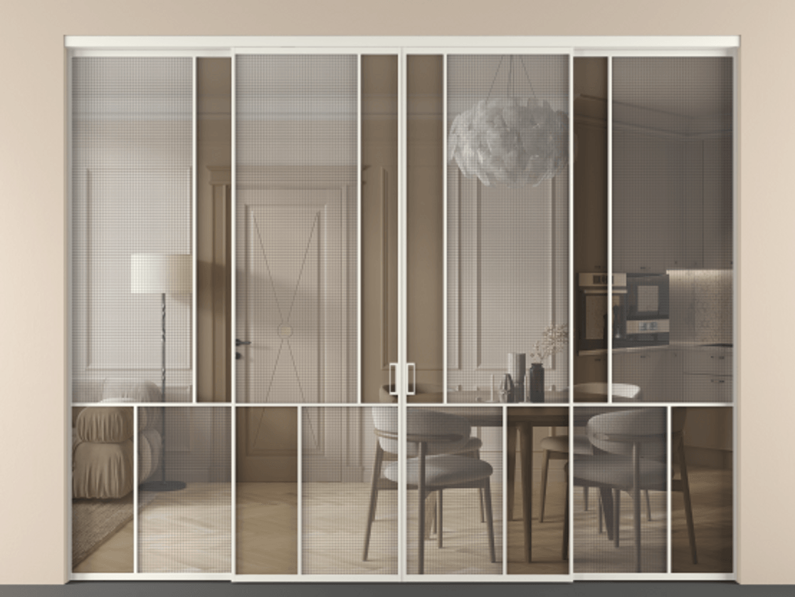 Перегородка Mosaic внутри проёма 4 створки АЛПР 041.20 Алюминий Белый Декоративное стекло с сеткой "Mesh silver", триплекс, 6 мм + Прозрачное бронзовое стекло, триплекс Цена 489260 ₽ | Volhovec