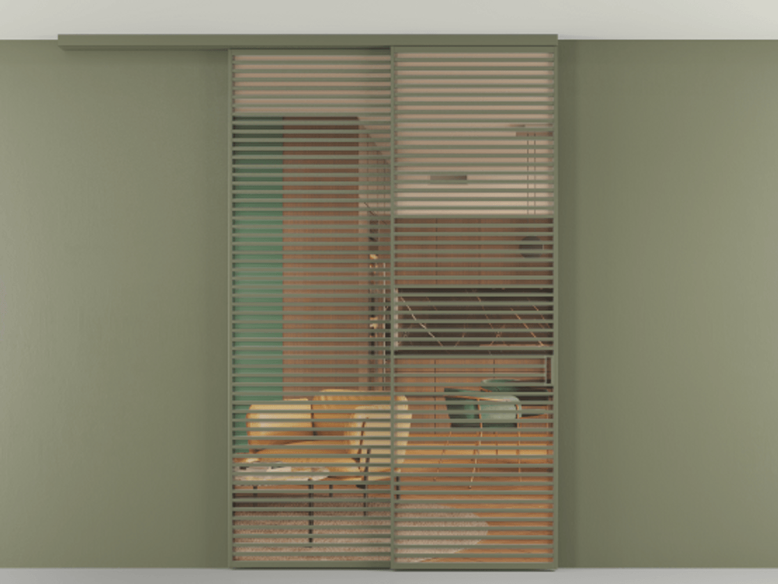 Перегородка Формато вдоль стены на потолок 2 створки с синхронным механизмом АЛПР 040.07 Алюминий оливковый тёмный Прозрачное оранжевое стекло, триплекс Цена 452990 ₽ | Volhovec