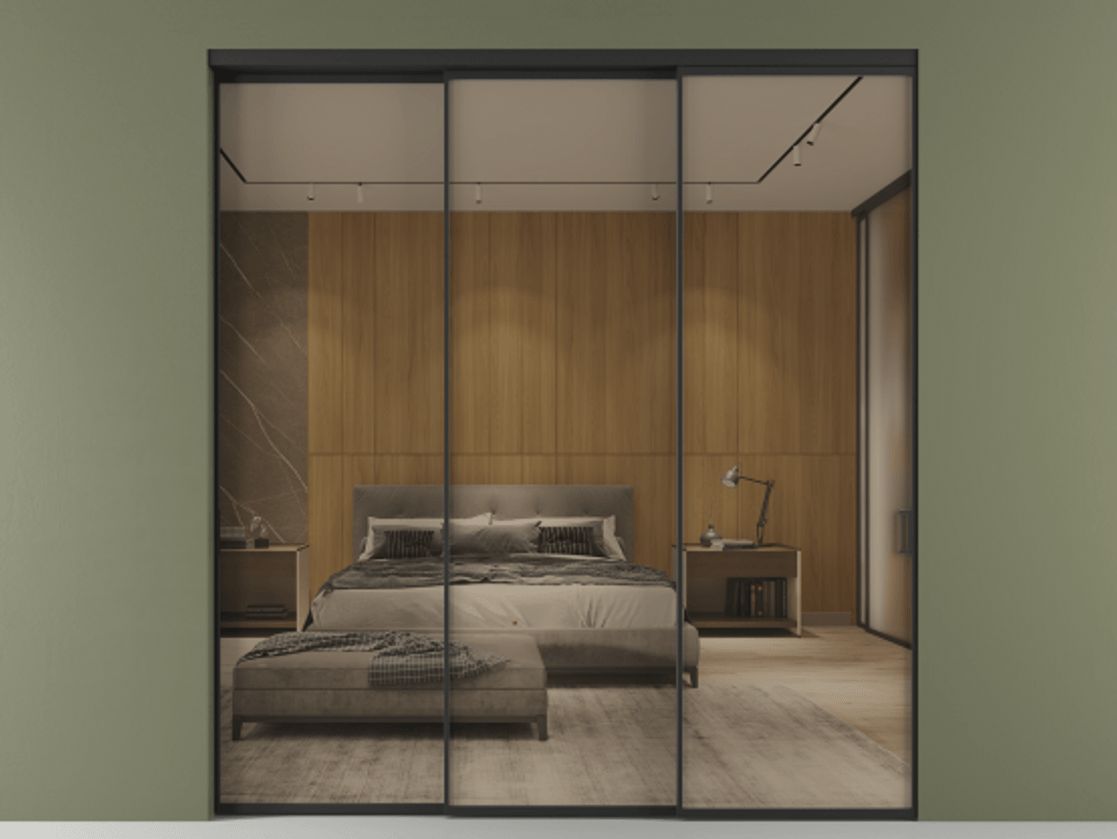 Перегородка Formato внутри проёма телескопик синхро 2 АЛПР 040.01 Алюминий Черный Рефлективное бронзовое стекло "Stopsol", калёное Цена 398900 ₽  | Volhovec