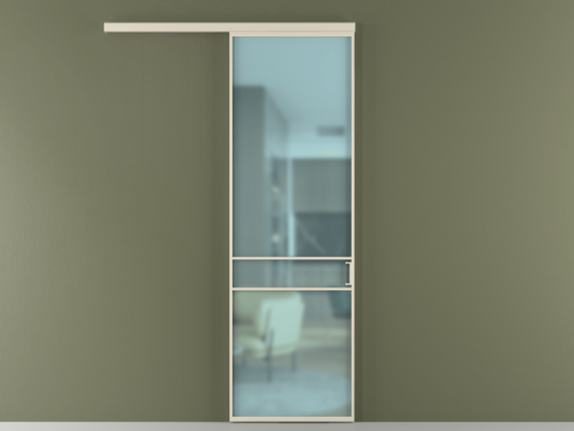 Перегородка Формато вдоль стены 1 створка АЛПР 040.02 Алюминий бежево-серый Сатинированное голубое стекло, триплекс Цена 107440 ₽  | Volhovec