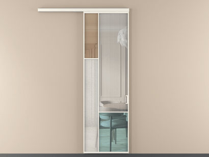 Алюминевая перегородка vd1_6 Алюминий пудровый белый Четыре стекла. Цвет Алюминий пудровый белый. Материал Алюминий в эмали. Коллекция Перегородка Mosaic вдоль стены одностворчатая. Картинка.