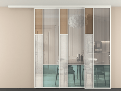 Алюминевая перегородка vdt3_6 Алюминий светло-серый Четыре стекла. Цвет Алюминий светло-серый. Материал Алюминий в эмали. Коллекция Перегородка Mosaic вдоль стены телескопик синхро 3. Картинка.