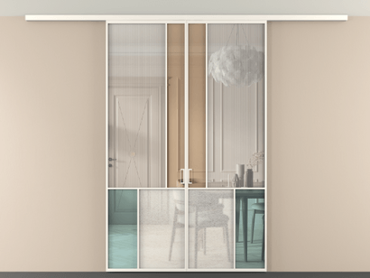 Алюминевая перегородка vdp2_1 Алюминий пудровый белый Четыре стекла. Цвет Алюминий пудровый белый. Материал Алюминий в эмали. Коллекция Перегородка Mosaic вдоль стены на потолок двустворчатая. Картинка.