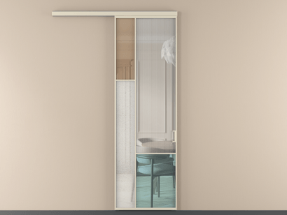 Алюминевая перегородка vd1_6 Алюминий бежево-серый Четыре стекла. Цвет Алюминий бежево-серый. Материал Алюминий в эмали. Коллекция Перегородка Mosaic вдоль стены одностворчатая. Картинка.