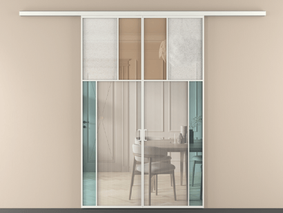 Алюминевая перегородка vd2_4 Алюминий светло-серый Четыре стекла. Цвет Алюминий светло-серый. Материал Алюминий в эмали. Коллекция Перегородка Mosaic вдоль стены двустворчатая. Картинка.