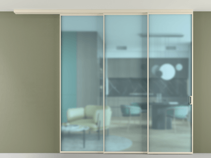 Алюминевая перегородка pv3_01_ Алюминий бежево-серый Сатинированное голубое стекло, триплекс, 6мм. Цвет Алюминий бежево-серый. Материал Алюминий в эмали. Коллекция Перегородка Formato вдоль стены на потолок телескопик синхро 3. Картинка.