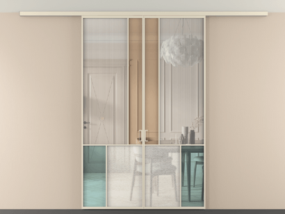 Алюминевая перегородка vdp2_1 Алюминий бежево-серый Четыре стекла. Цвет Алюминий бежево-серый. Материал Алюминий в эмали. Коллекция Перегородка Mosaic вдоль стены на потолок двустворчатая. Картинка.