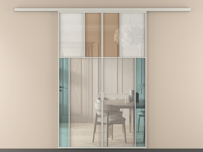 Алюминевая перегородка vd2_4 Алюминий тёплый серый Четыре стекла. Цвет Алюминий тёплый серый. Материал Алюминий в эмали. Коллекция Перегородка Mosaic вдоль стены двустворчатая. Картинка.