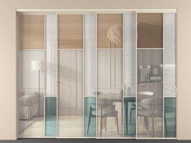 Алюминевая перегородка vntl4_7 Алюминий бежево-серый Четыре стекла. Цвет Алюминий бежево-серый. Материал Алюминий в эмали. Коллекция Перегородка Mosaic внутри проёма телескопик синхро 3. Картинка.