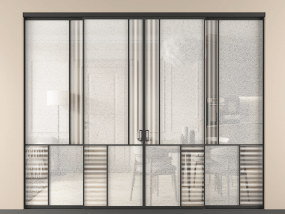 Алюминевая перегородка vnt4_1 ЧЕР. Цвет Алюминий Черный. Материал Алюминий. Коллекция Перегородка Мозаик внутри проёма 4 створки. Картинка.