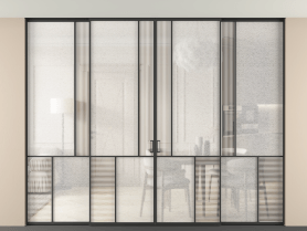 Алюминевая перегородка vntp4_1 ЧЕР. Цвет Алюминий Черный. Материал Алюминий. Коллекция Перегородка Мозаик внутри проёма скрытое крепление в потолок 4 створки. Картинка.