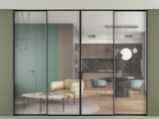 Алюминевая перегородка p2+2_01 Matelux Crystalvision ЧЕР. Цвет Алюминий Черный. Материал Алюминий. Коллекция Перегородка Формато внутри проёма скрытое крепление в потолок 4 створки. Картинка.