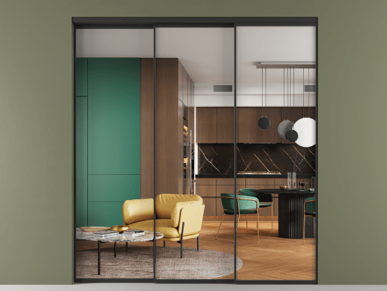 Алюминевая перегородка vn3_01 Crystalvision ЧЕР. Цвет Алюминий Черный. Материал Алюминий. Коллекция Перегородка Формато внутри проёма 3 створки с синхронным механизмом. Картинка.