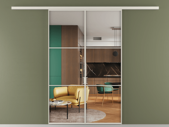 Алюминевая перегородка АЛПР 040.03_АОС_Crystalvision_new. Цвет Алюминий облачно-серый. Материал Алюминий в эмали. Коллекция Перегородка Formato вдоль стены 2 створки. Картинка.