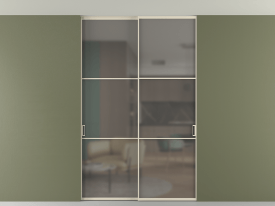 Алюминевая перегородка vn2_03 Алюминий бежево-серый Серый сатин матовое. Цвет Алюминий бежево-серый. Материал Алюминий в эмали. Коллекция Перегородка Формато внутри проёма скрытое крепление в потолок 2 створки. Картинка.