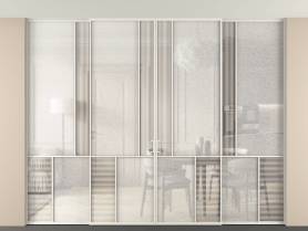 Алюминевая перегородка vntp4_1 БЕЛ. Цвет Алюминий Белый. Материал Алюминий. Коллекция Перегородка Мозаик внутри проёма скрытое крепление в потолок 4 створки. Картинка.